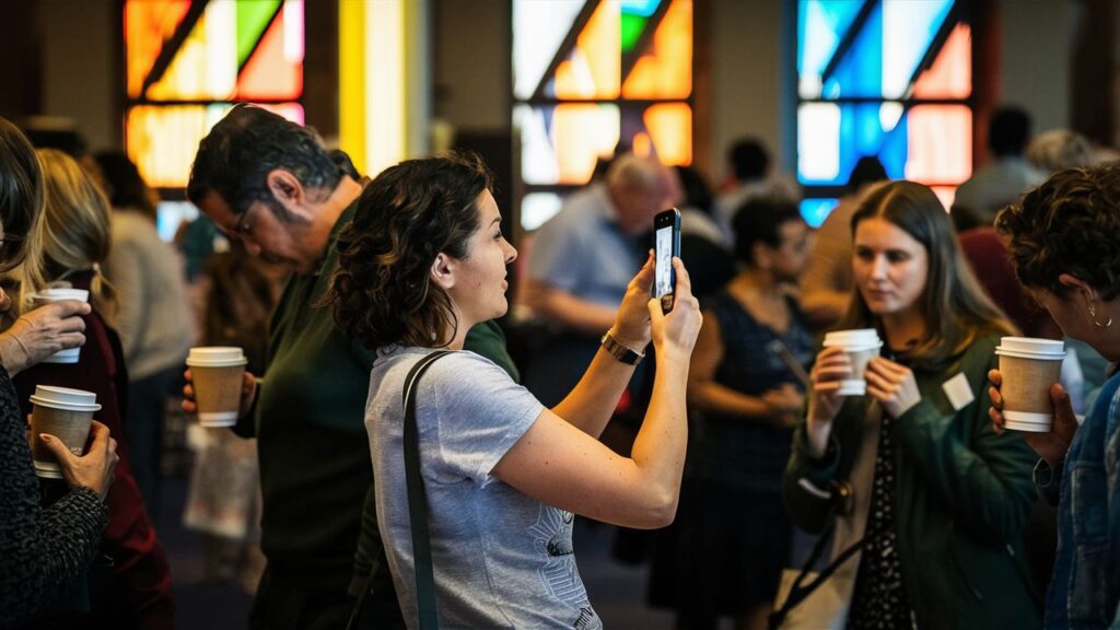 woman recording video on iphone in church lobby