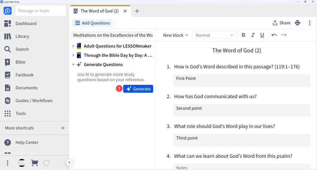 Bible Study Builder generates questions with AI