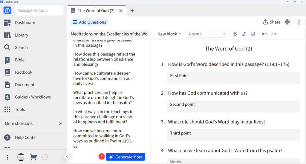 Bible Study Builder does more by generating questions with AI