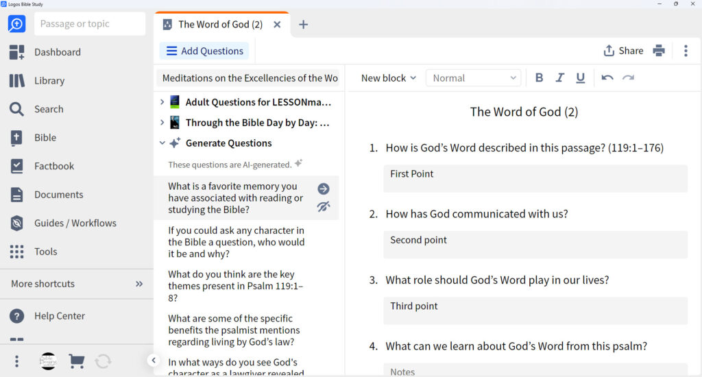 Bible Study Builder AI generates questions with results